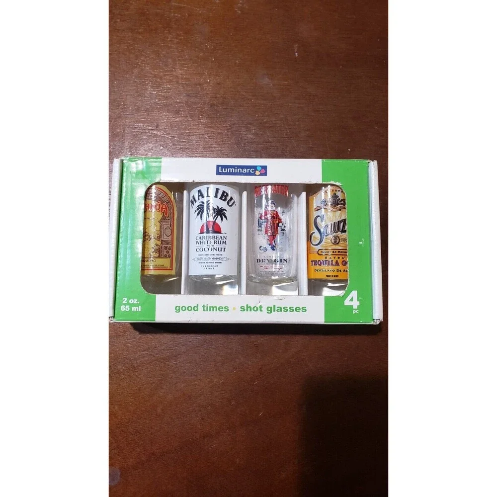 Luminarc set of 4 shot glasses (2 oz.) Malibu Beefeater Kahlua NEW